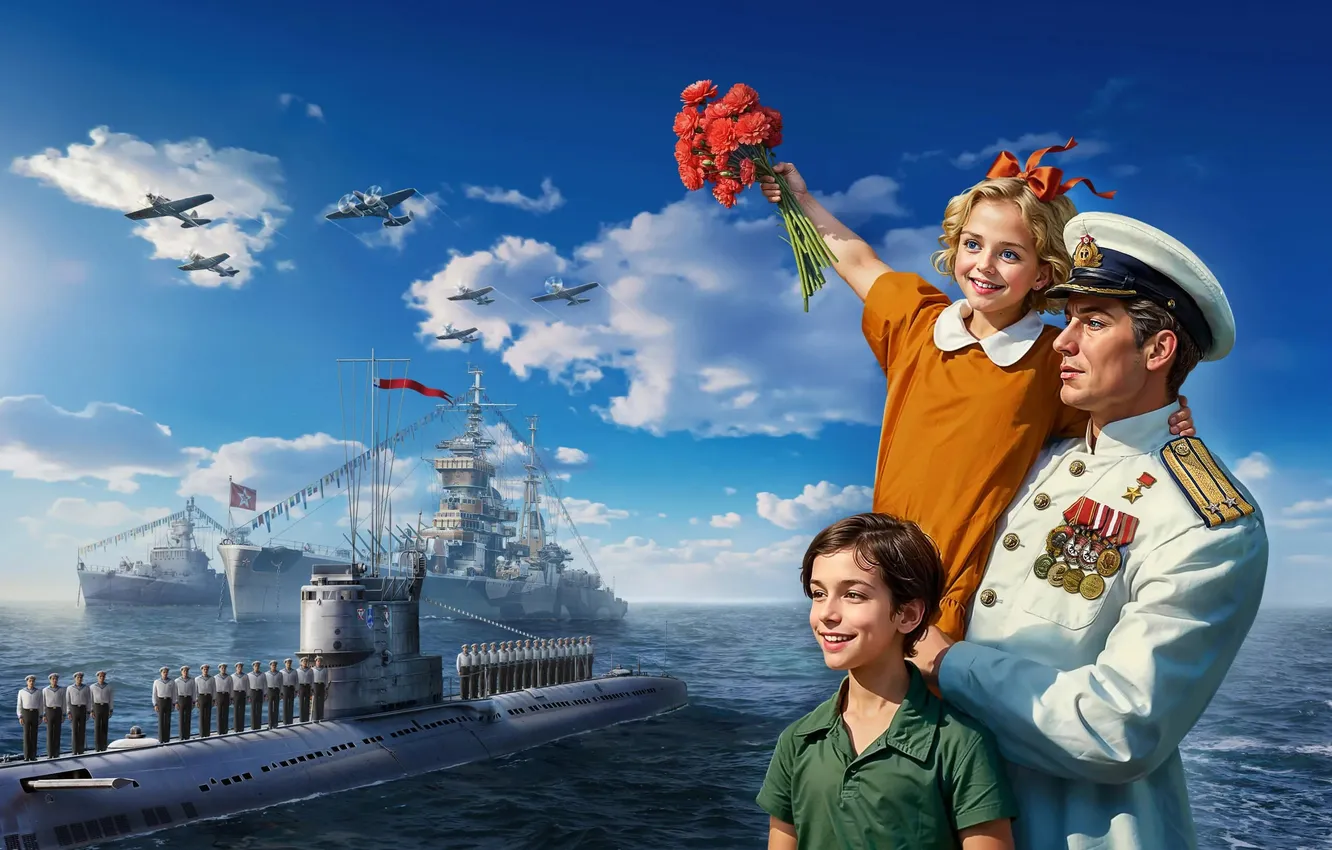 Photo wallpaper The sky, Clouds, Sea, Figure, Boy, Submarine, Aircraft, Children