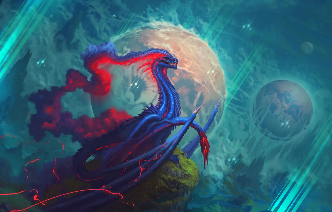 Photo wallpaper fiction, dragon, smoke, color, planet, wings, fantasy, the guardian