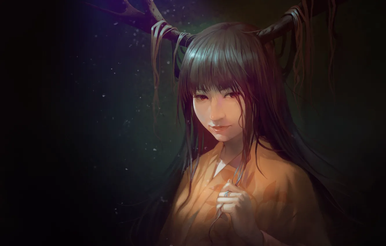 Photo wallpaper girl, forest, anime, pretty, face, brunette, asian, hand