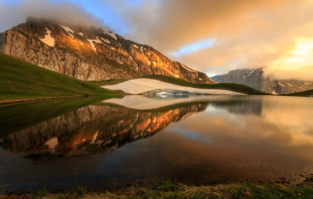 Photo wallpaper the sky, mountains, lake, reflection, Greece, Epirus, MT timfi, Dragonlake