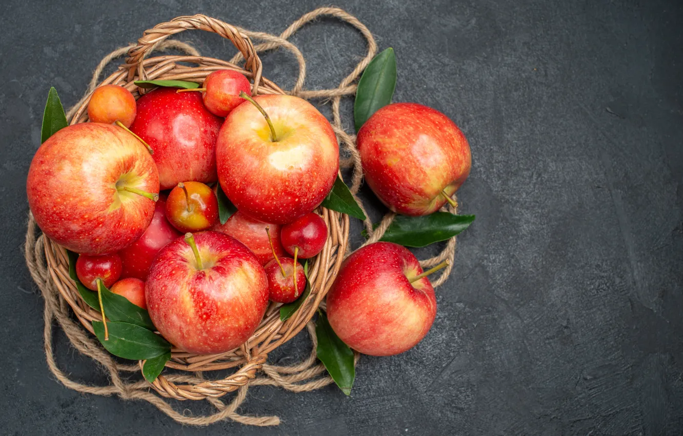 Photo wallpaper leaves, red, table, apples, rope, fruit, grey background, basket