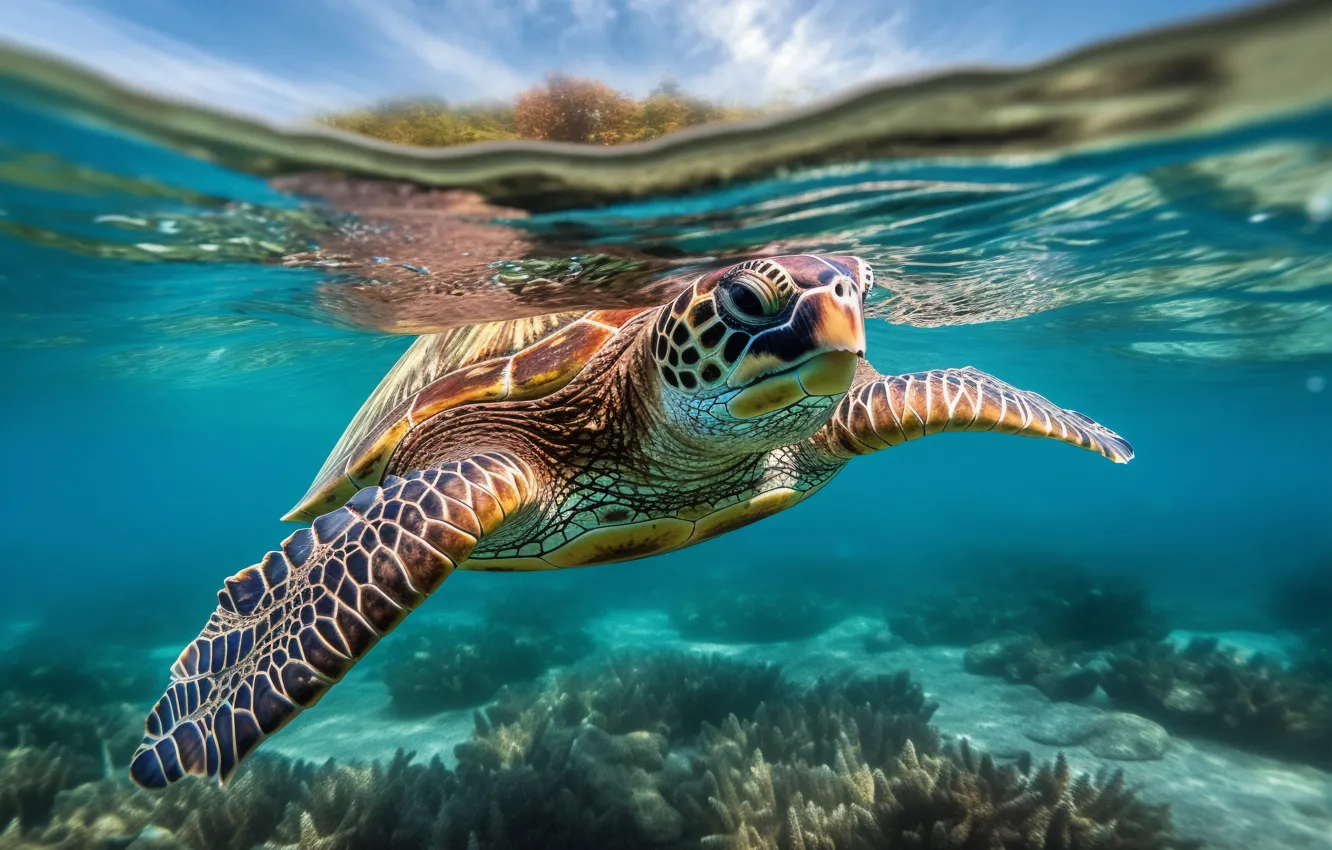 Photo wallpaper sea, look, turtle, sea turtle, swimming, AI art, neural network