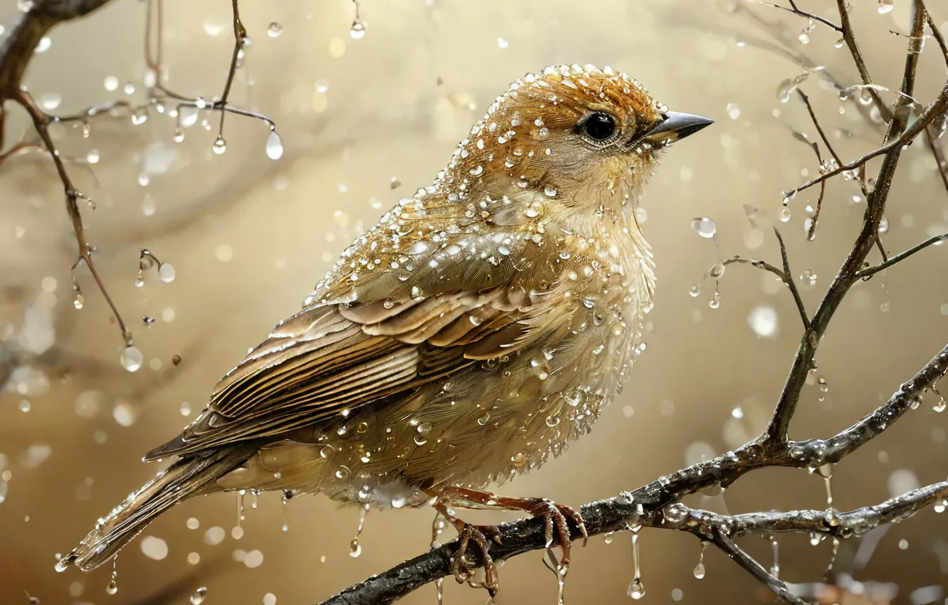 Photo wallpaper rain, beige, Rosa, bird, Masterpiece