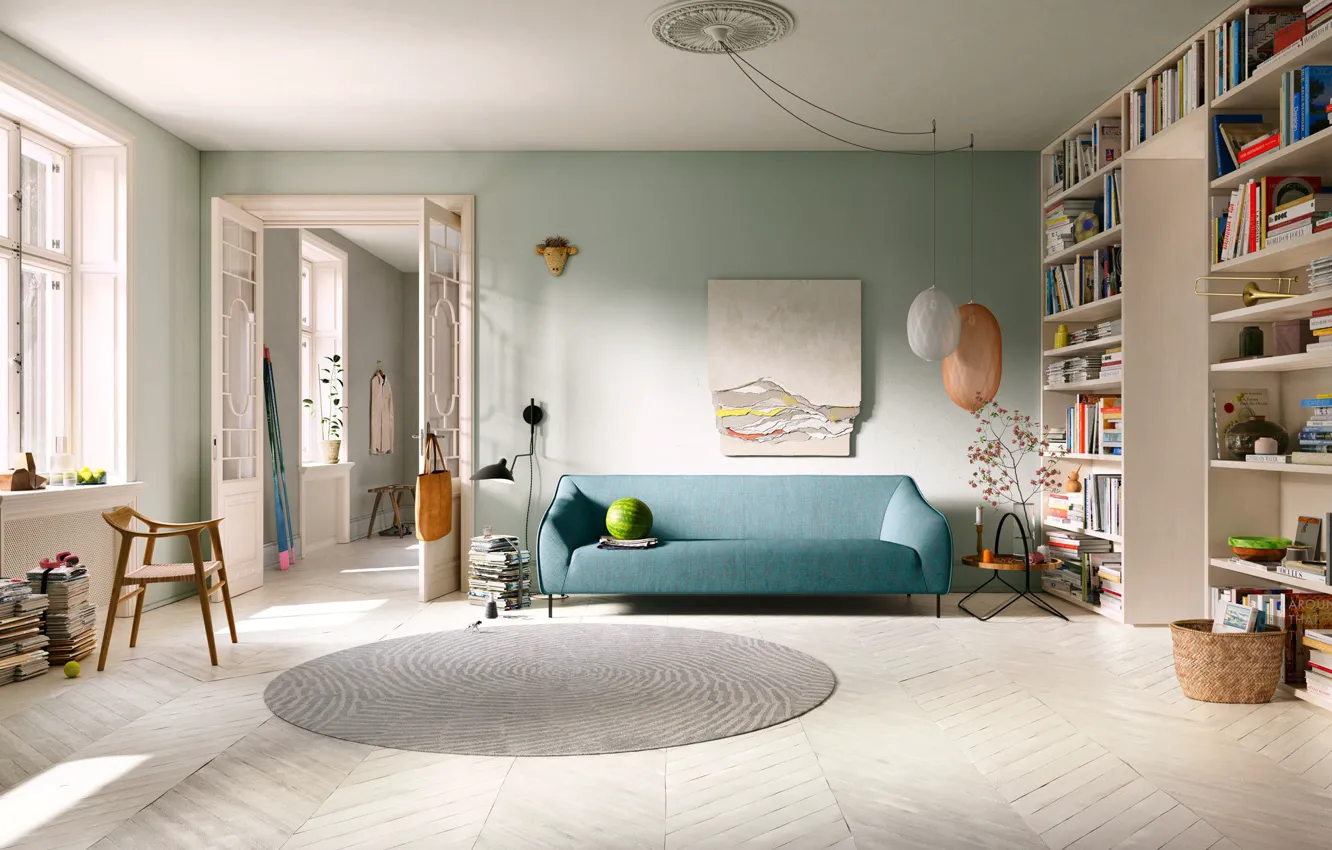 Photo wallpaper interior, library, sofa, living room