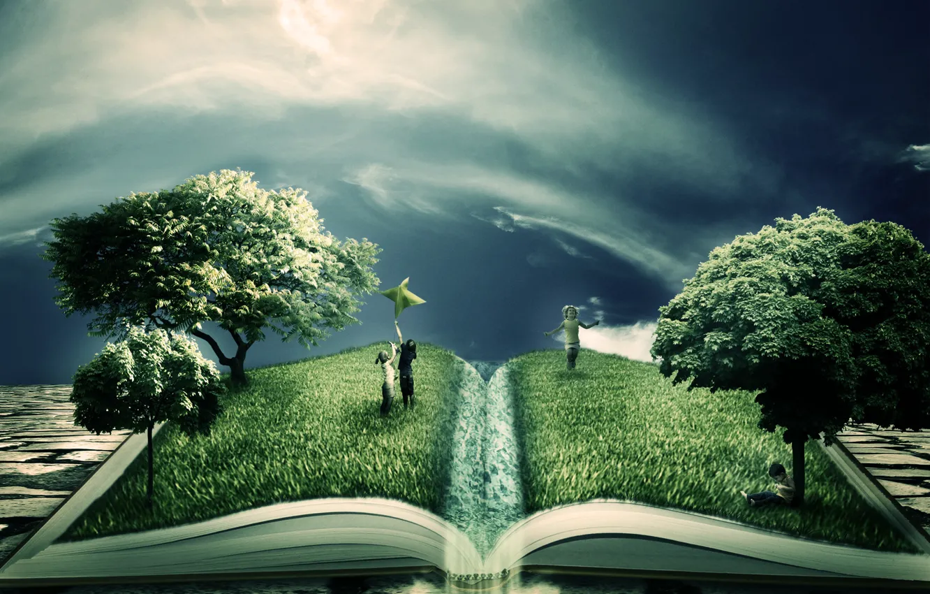 Photo wallpaper greens, trees, children, creative, book
