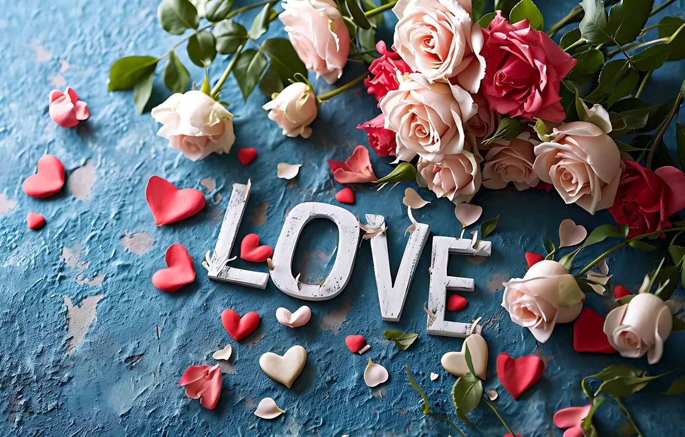 Photo wallpaper love, flowers, romance, heart, roses, love, Valentine's day, pink