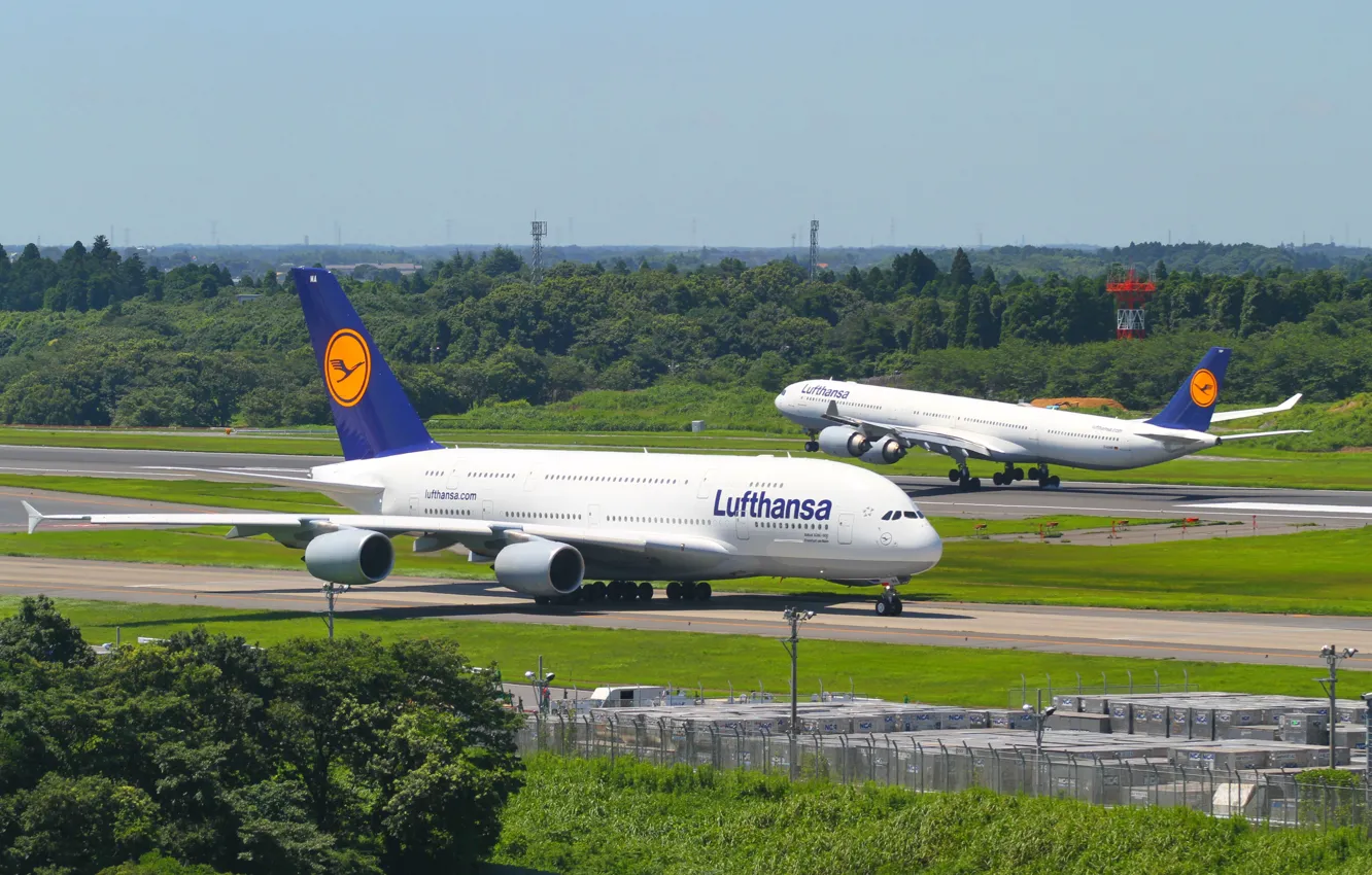 Photo wallpaper Germany, Airport, Flight, Flight, Germany, A380, Landing, Lufthansa