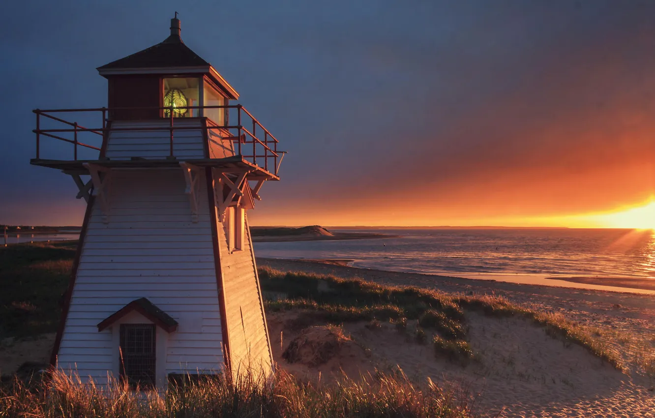 Photo wallpaper the ocean, dawn, shore, coast, lighthouse