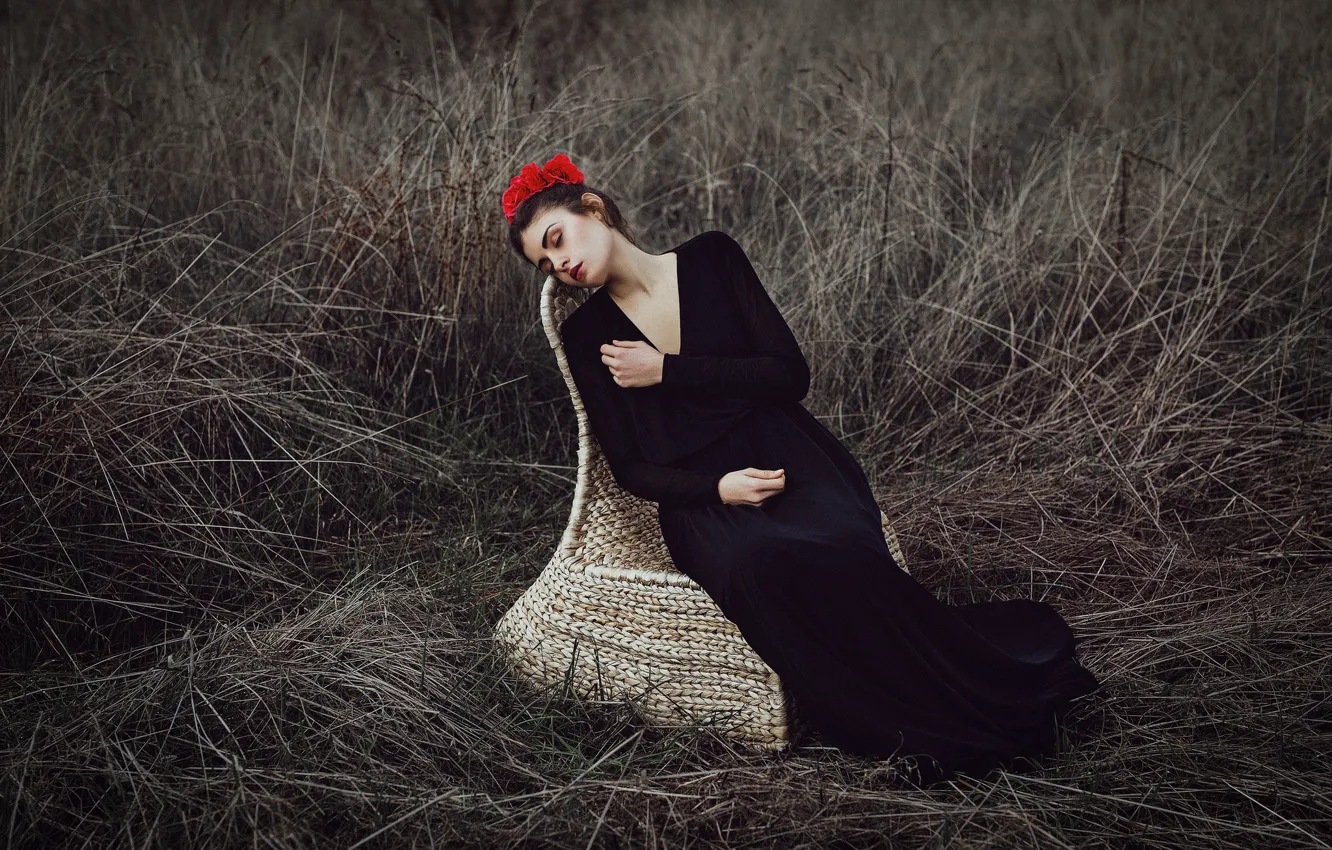 Photo wallpaper flowers, face, background, model, hair, chair, dress
