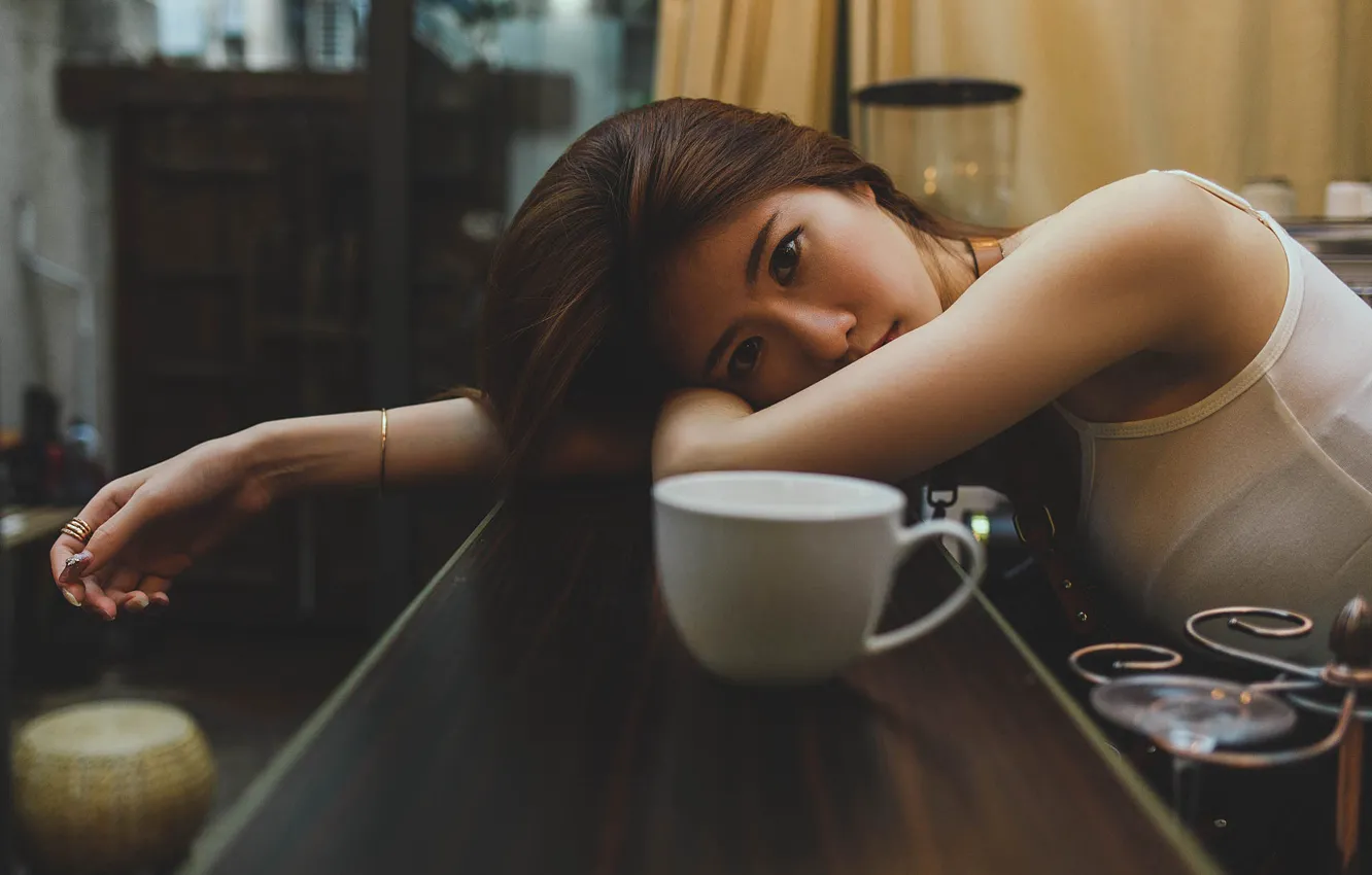 Photo wallpaper look, pose, model, portrait, makeup, Mike, hairstyle, Cup