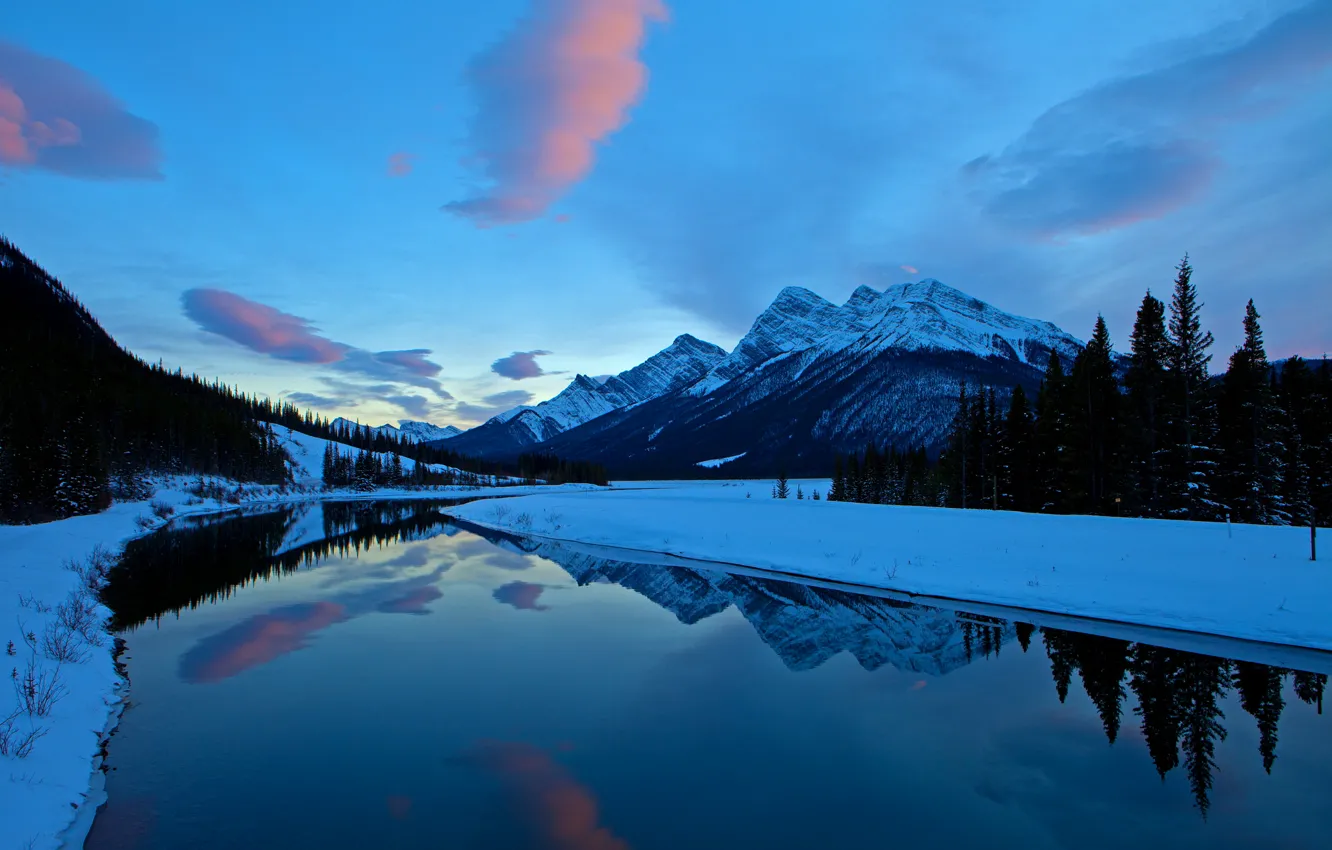 Photo wallpaper winter, the sky, clouds, snow, trees, mountains, river, the evening