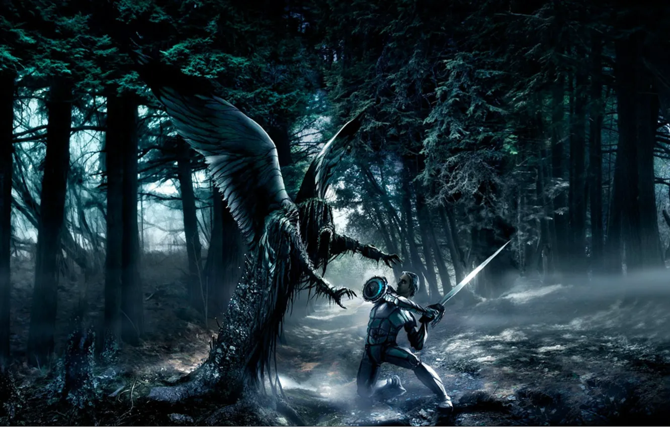 Photo wallpaper forest, the victim, angel, the demon, attack, black wings, damn place, Fallen