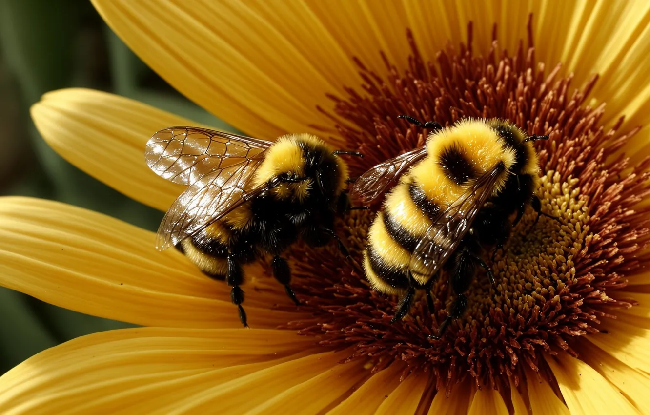 Photo wallpaper sunflowers, insect, bumblebee