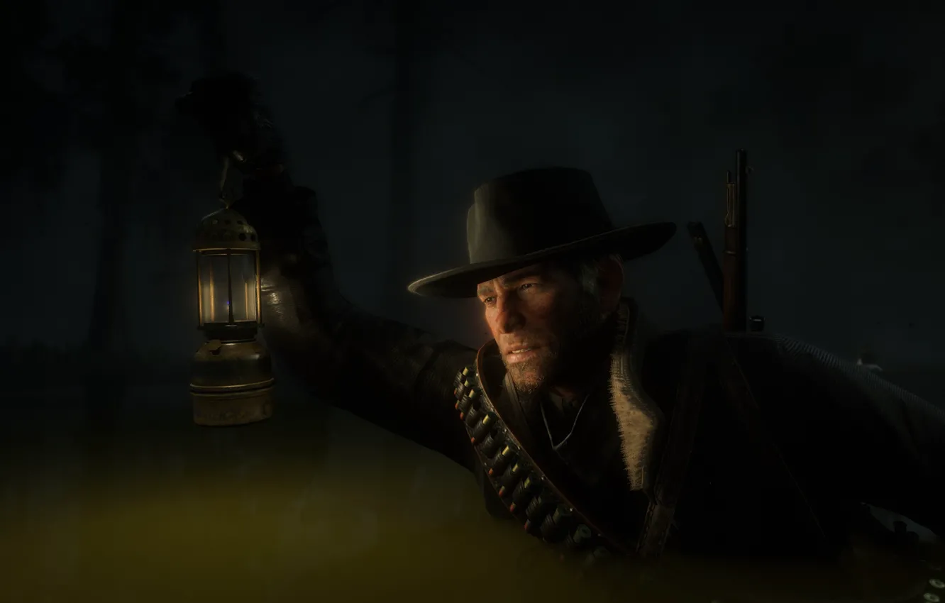 Photo wallpaper water, night, swamp, lights, night, wild West, wild West, Red Dead Redemption 2