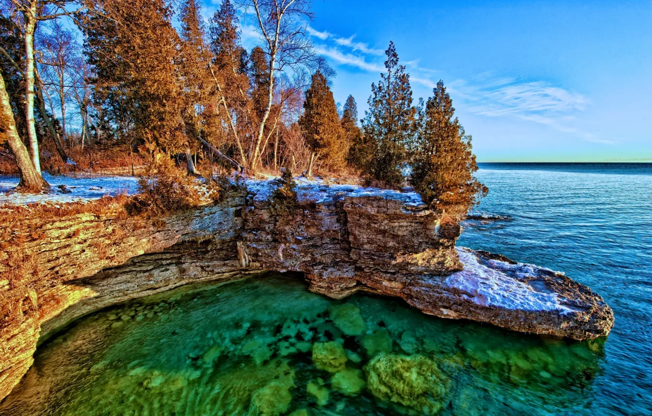 Photo wallpaper sea, trees, rock, stones, green