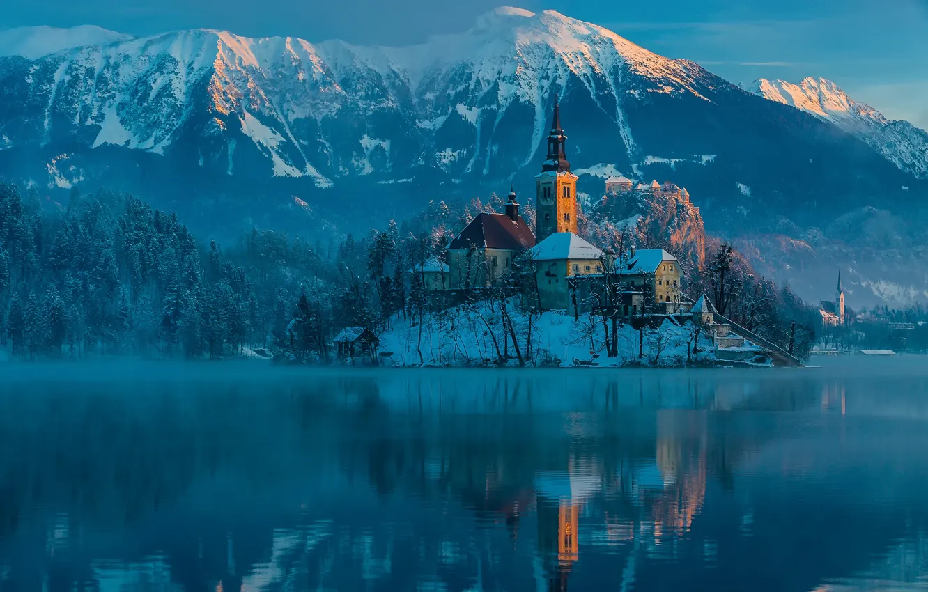 Photo wallpaper winter, mountains, morning, Slovenia, January, bled, The Julian Alps, Bled lake