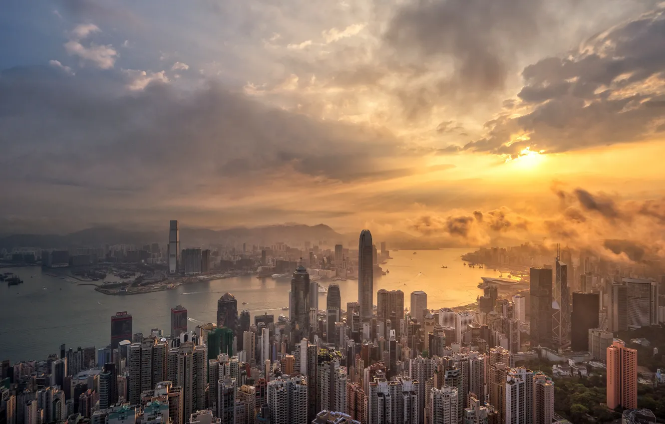 Photo wallpaper dawn, Hong Kong, morning, skyscrapers, megapolis, skyline, Hong Kong