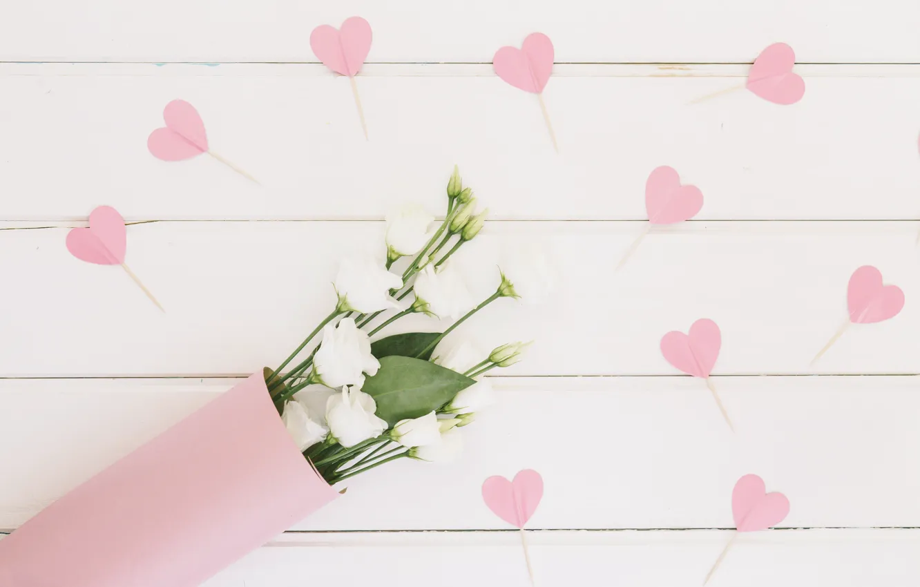 Photo wallpaper white, background, bouquet, hearts, wood, eustoma