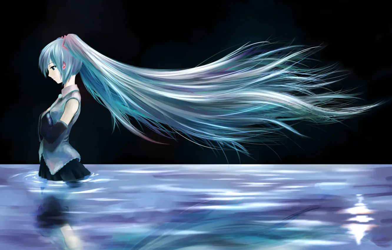 Photo wallpaper girl, night, lake, hair, anime, Hatsune Miku, Vocaloid