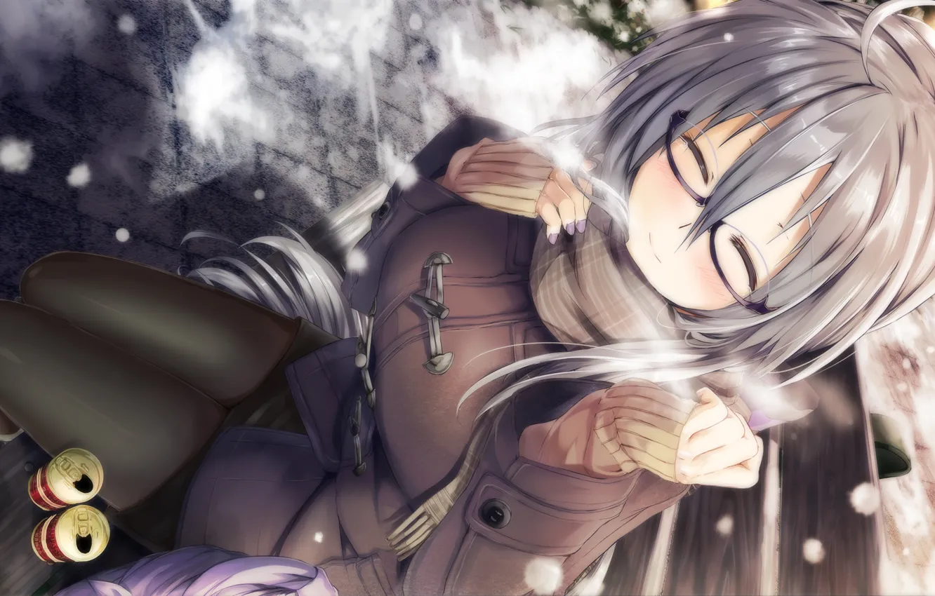 Photo wallpaper cold, winter, girl, smile, mood, glasses, drink, vocaloid