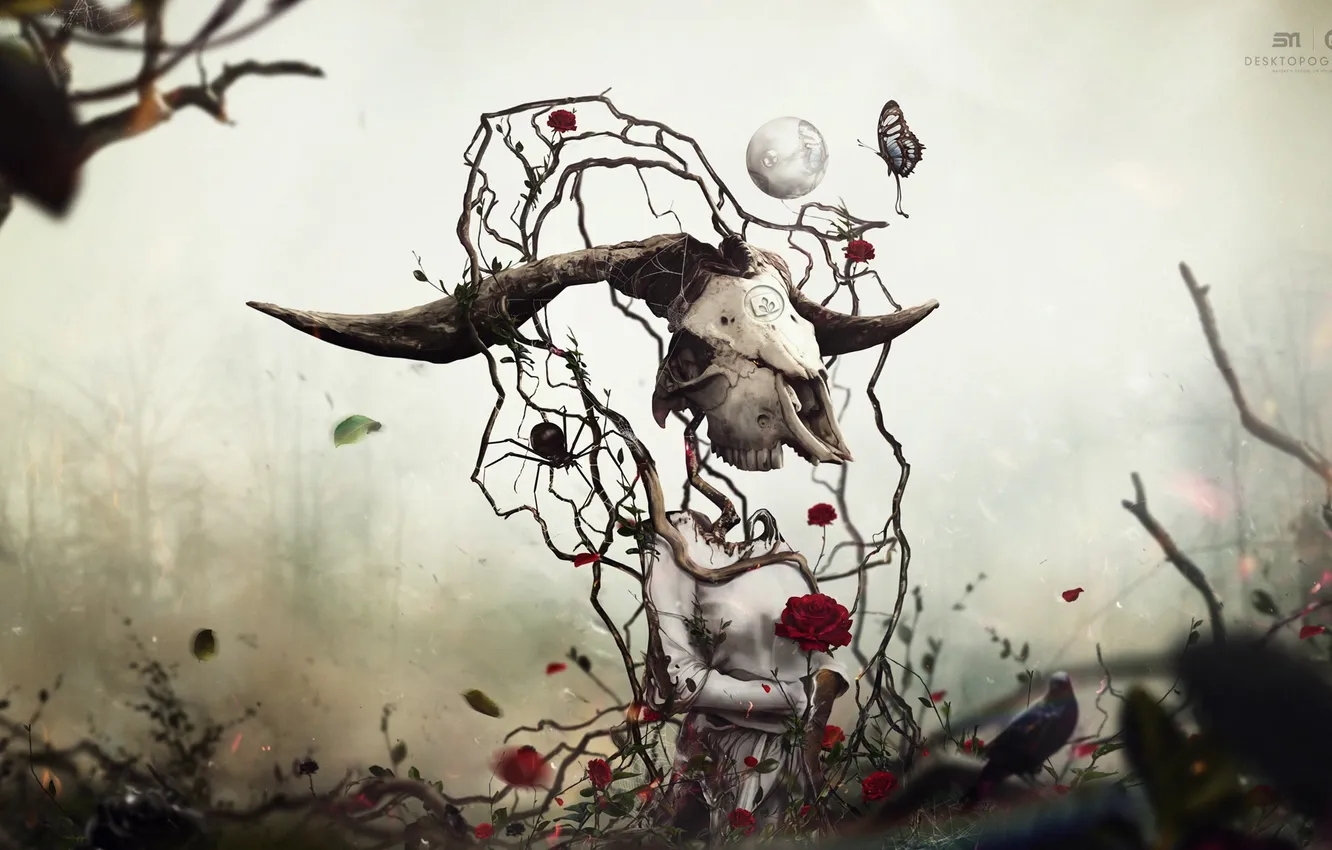 Photo wallpaper leaves, flowers, surrealism, butterfly, skull, roses, Raven, desktopography