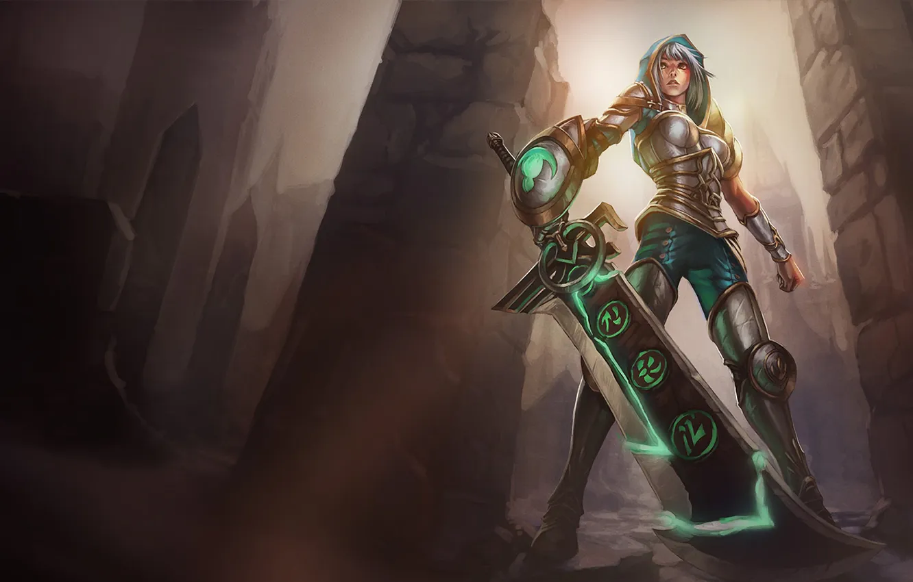 Photo wallpaper girl, sword, armor, columns, runes, League of Legends, riven, LoL