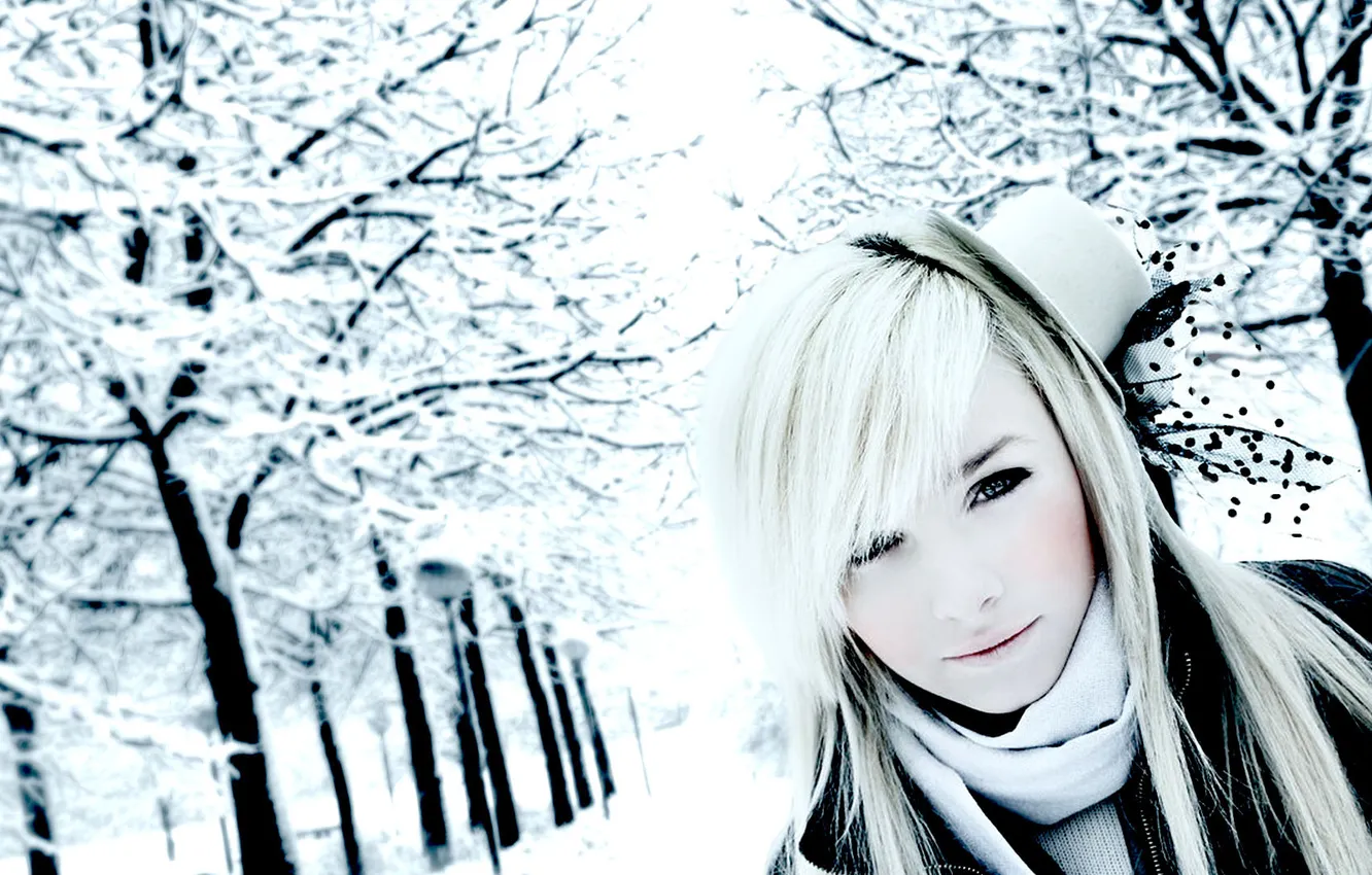 Photo wallpaper winter, look, girl, snow, trees, smile, sweetheart, street