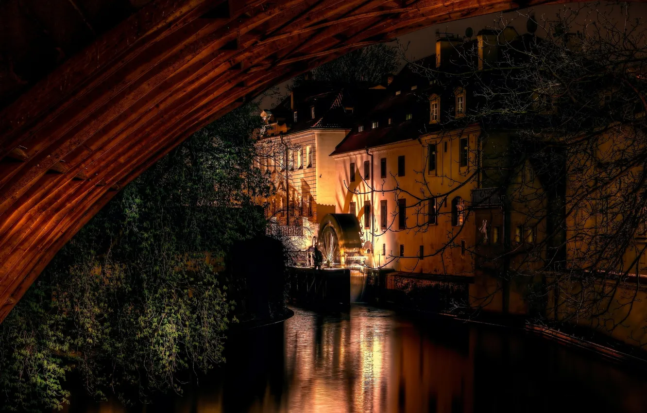 Photo wallpaper night, bridge, lights, Prague, backlight, channel, old mill