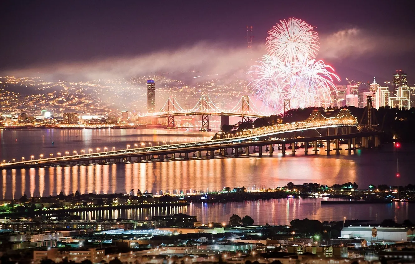 Photo wallpaper night, bridge, lights, city, holiday, San Francisco, fireworks, USA