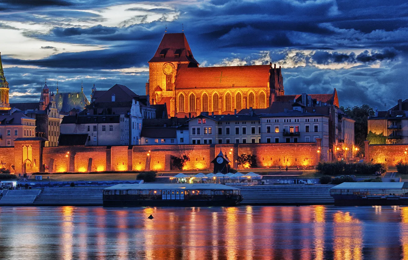 Photo wallpaper lights, river, wall, home, the evening, Poland, Wisla, Torun