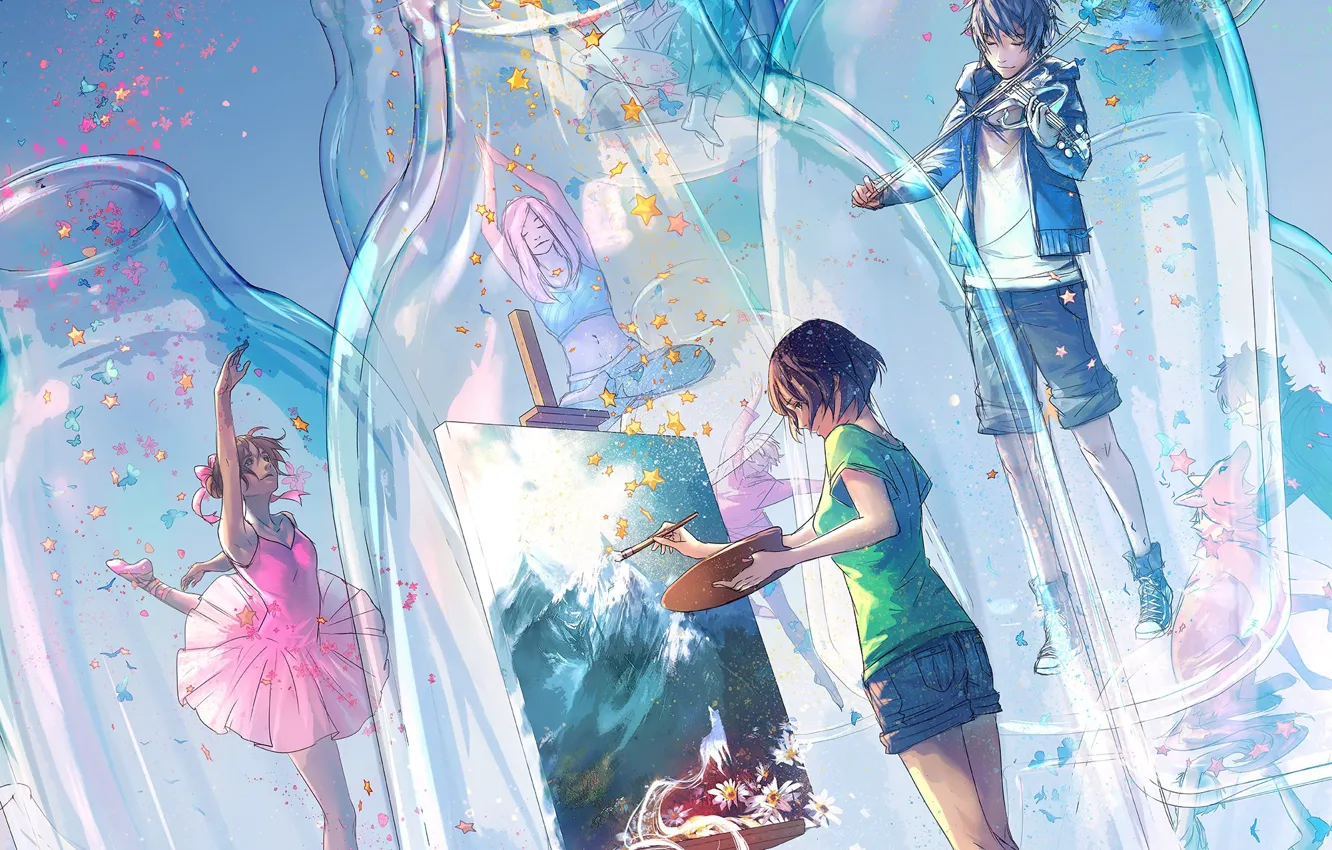 Photo wallpaper glass, butterfly, shorts, stars, bottle, ballerina, violinist, artist