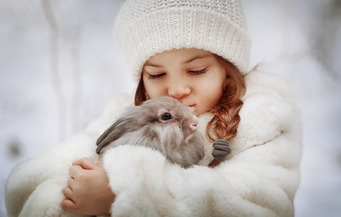 Photo wallpaper each, hat, rabbit, girl, braids, coat