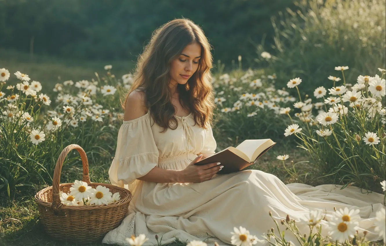 Photo wallpaper flowers, girl, basket, book, chamomile