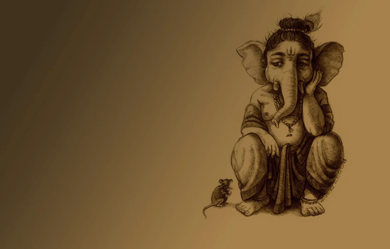 Photo wallpaper sadness, elephant, mouse, warm background, Ganesh