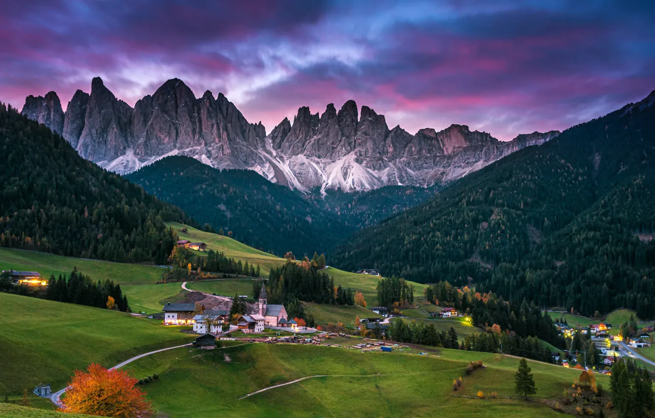 Wallpaper field, mountains, houses for mobile and desktop, section