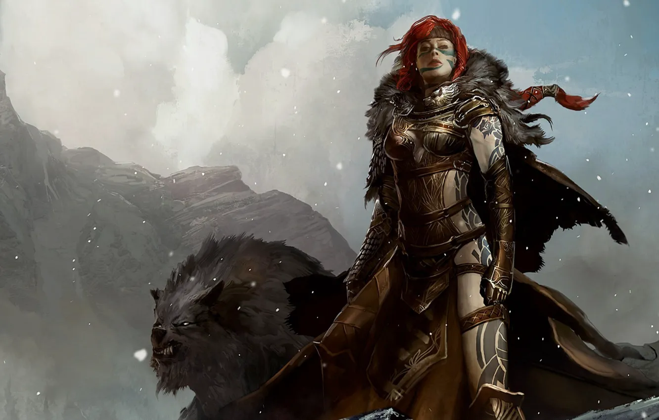 Photo wallpaper girl, the game, warrior, tattoo, art, characters, Guild Wars