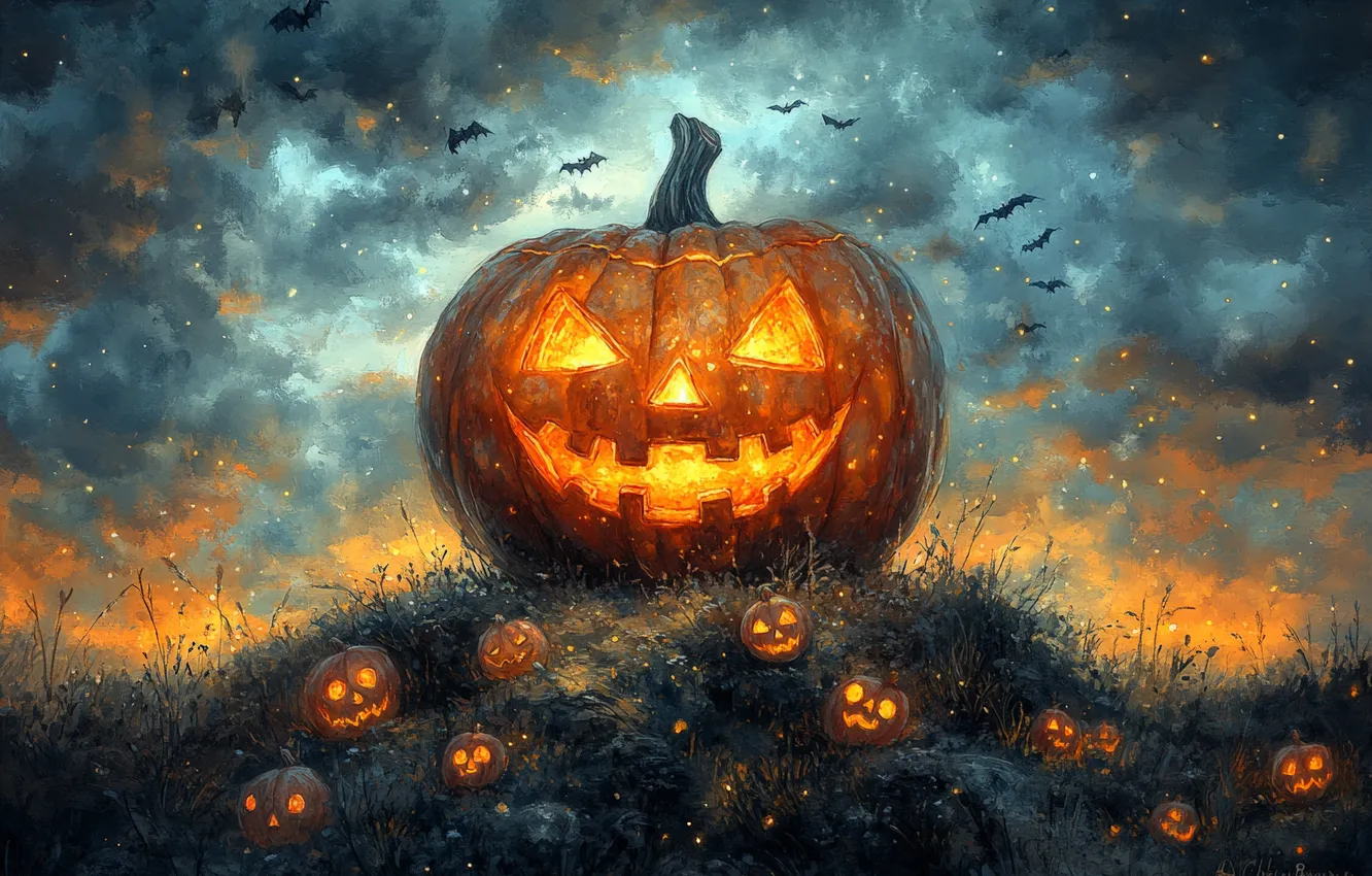 Photo wallpaper clouds, Halloween, pumpkin, bats, Halloween, digital art, AI art, The Art of Artificial Intelligence