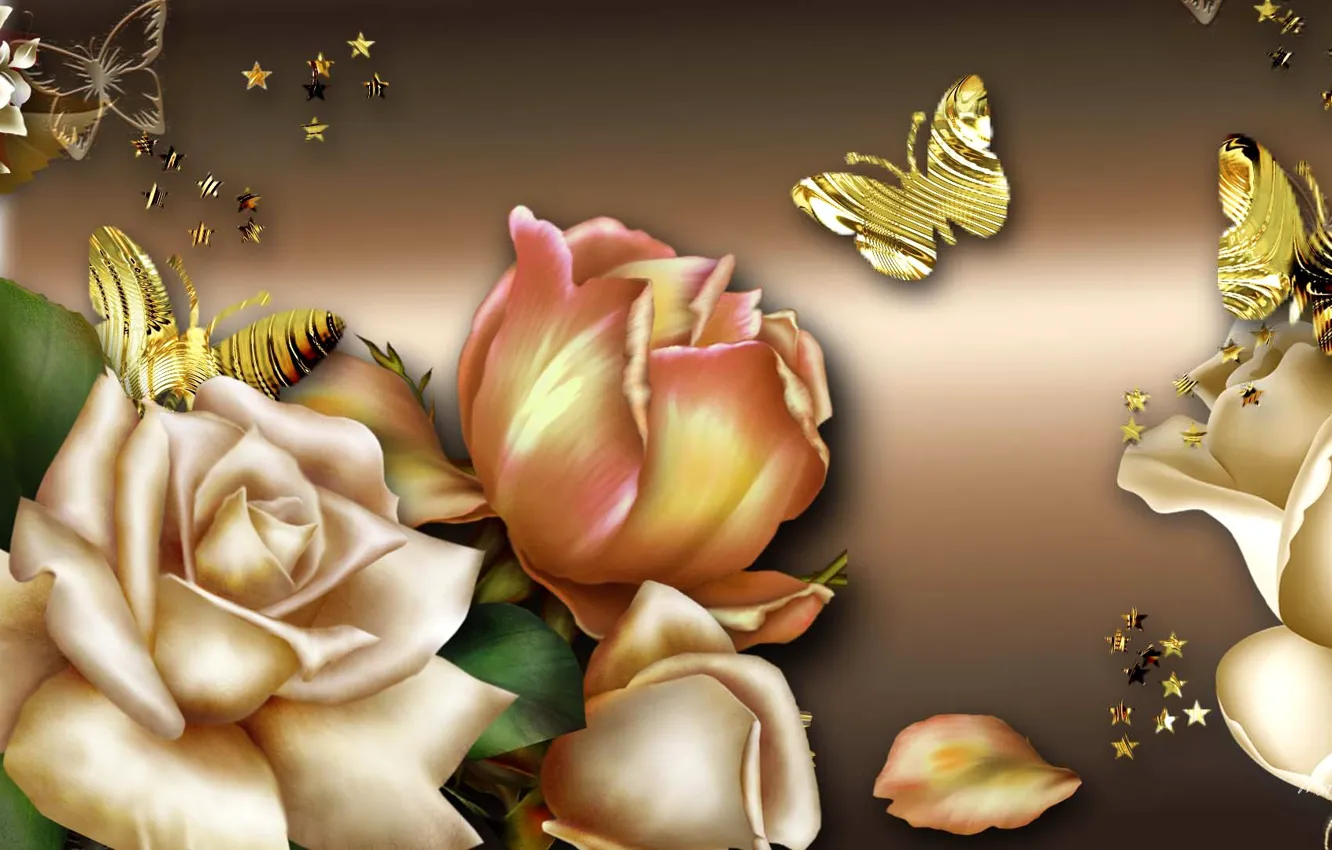Photo wallpaper butterfly, flowers, collage, roses