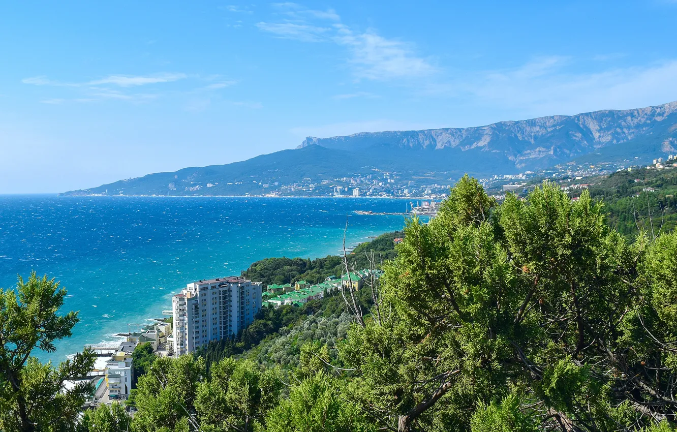 Photo wallpaper sea, greens, the sky, the sun, trees, mountains, coast, home