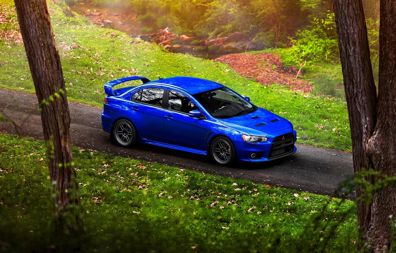 Photo wallpaper road, grass, leaves, trees, blue, nature, river, Mitsubishi Lancer Evolution