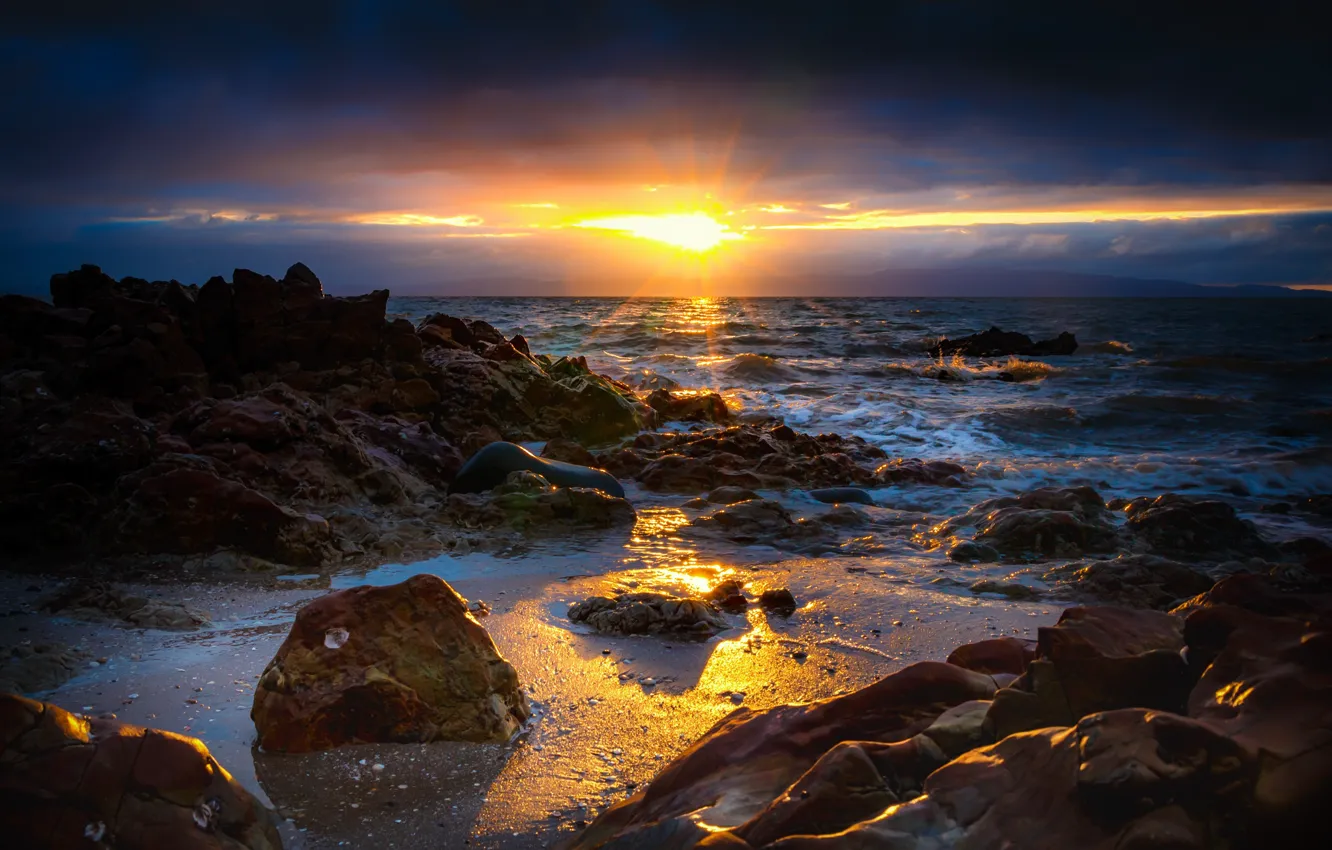 Photo wallpaper sea, sunset, stones, coast