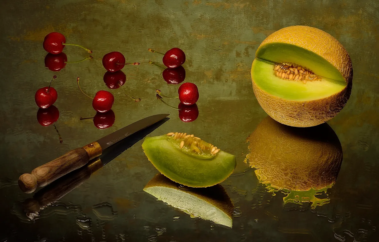 Photo wallpaper glass, drops, cherry, reflection, berries, table, knife, still life