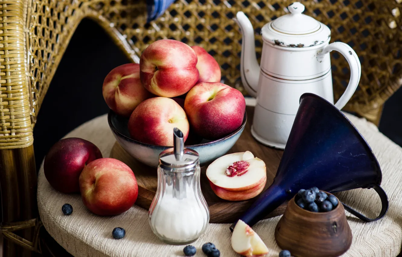 Photo wallpaper sugar, nectarine, blueberries