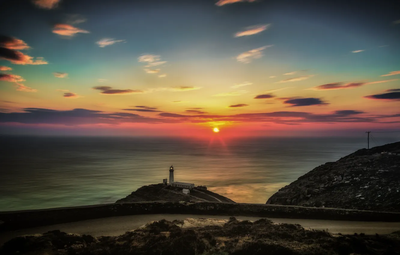 Photo wallpaper road, the sun, landscape, the ocean, lighthouse, North Wales, North Wales