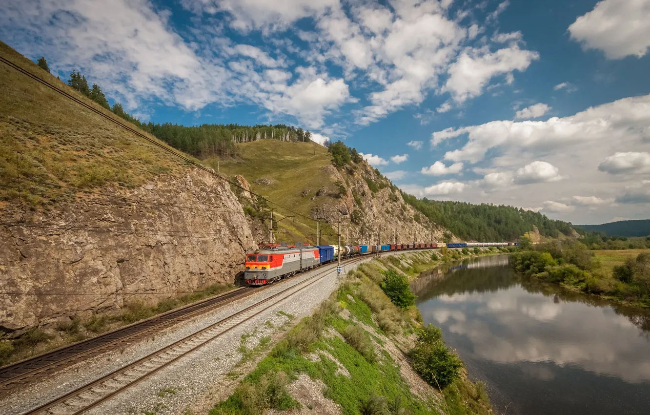Photo wallpaper forest, the sky, water, clouds, landscape, river, train, railroad