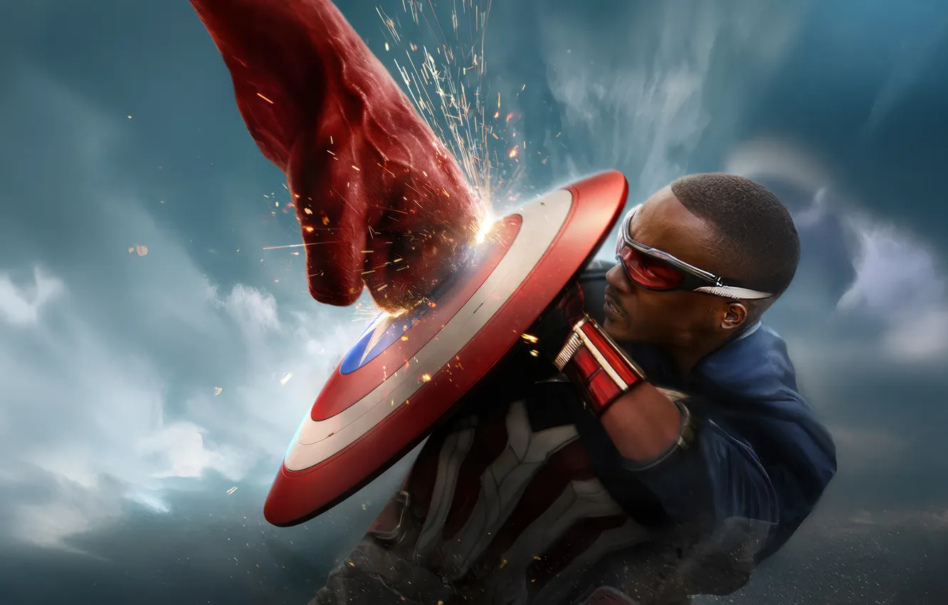 Photo wallpaper fiction, glasses, costume, blow, shield, poster, Marvel, comic