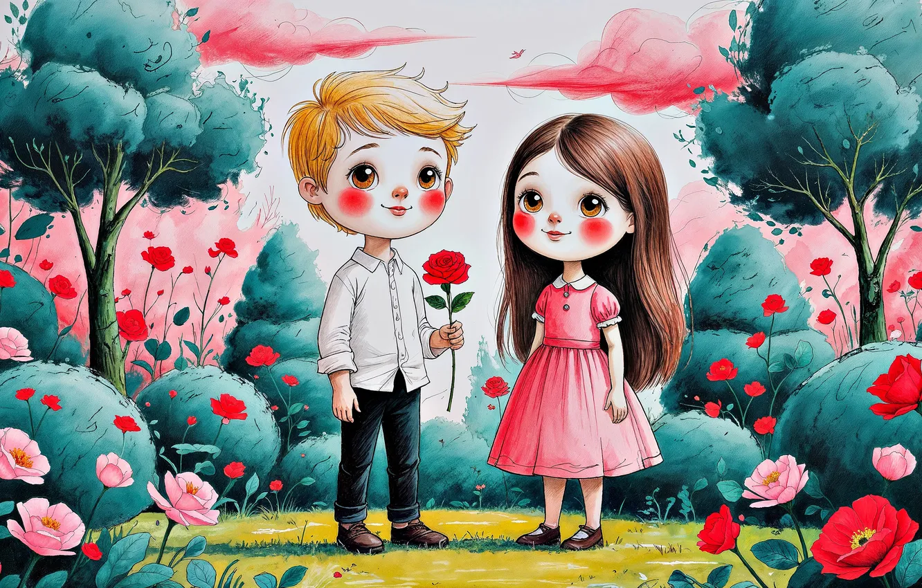 Photo wallpaper love, nature, holiday, heart, roses, boy, girl, hearts