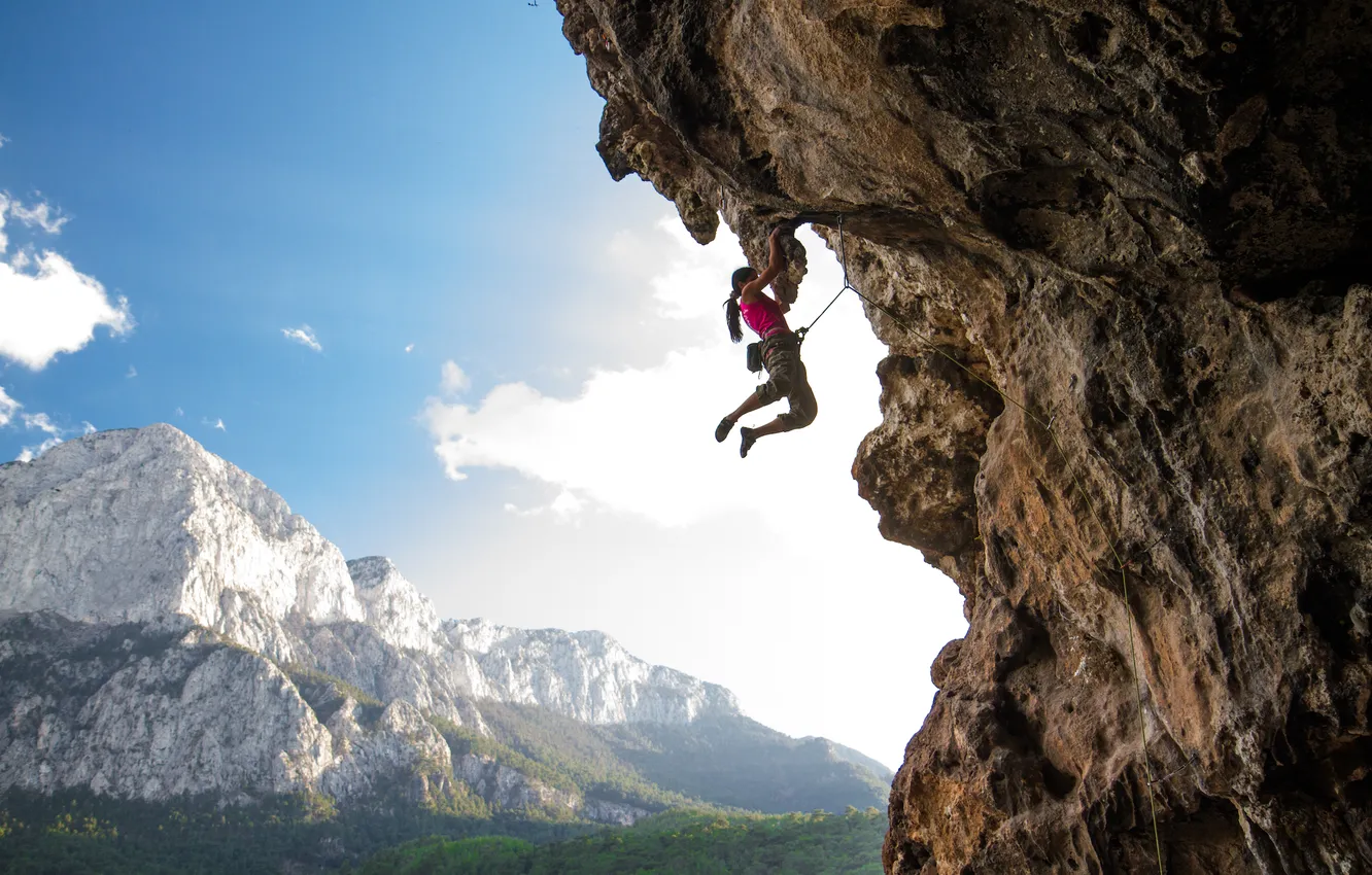 Photo wallpaper forest, the sky, girl, clouds, landscape, mountains, nature, sport