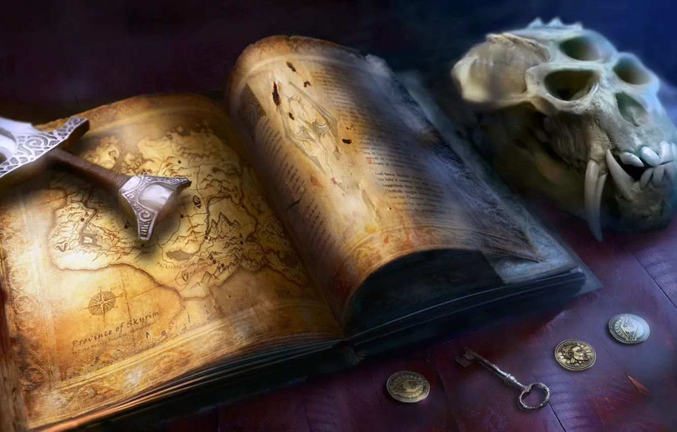 Photo wallpaper sake, game, weapon, key, map, Skyrim, book, digital art