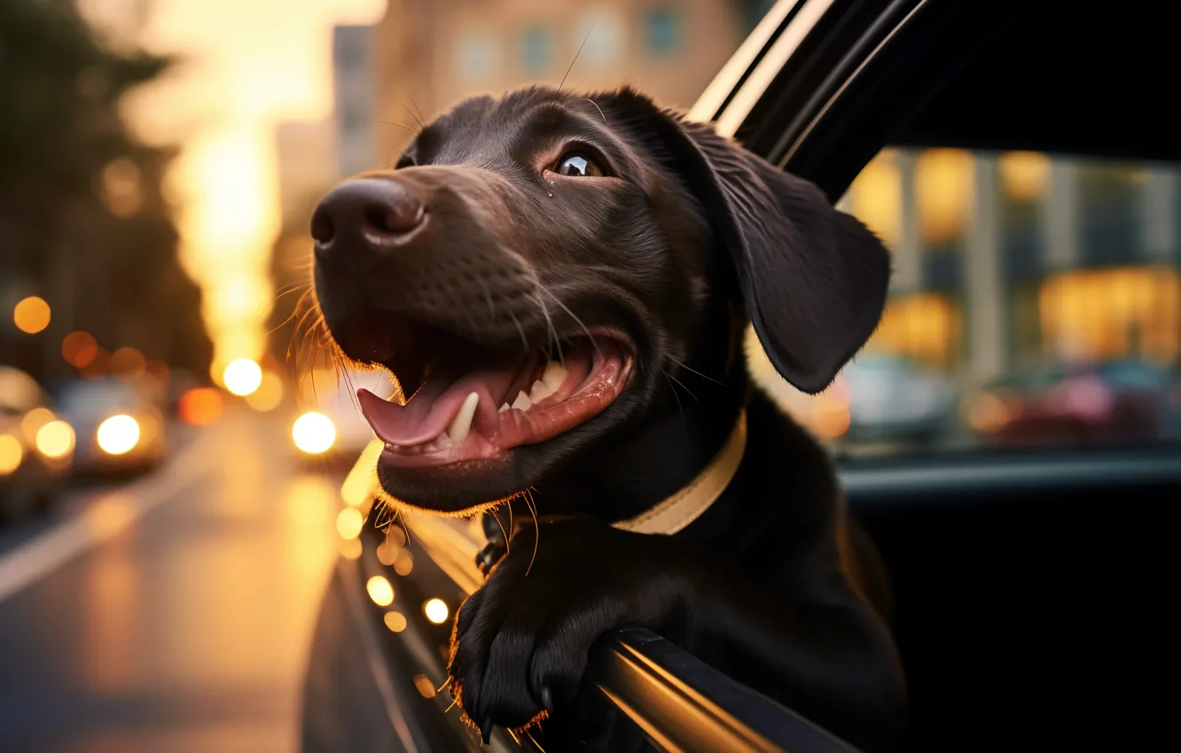 Photo wallpaper look, face, dog, mouth, puppy, car, digital art, AI art